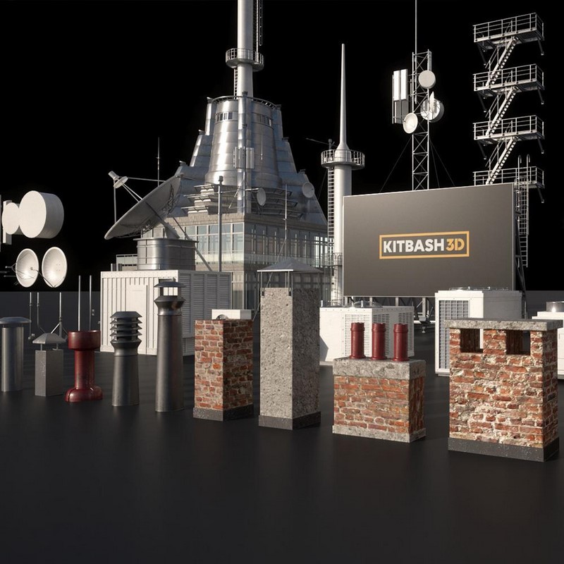 屋顶天线广告牌水电塔C4D模型Kitbash3D–Props Rooftops