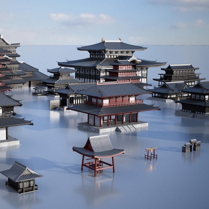 幕府时代宝塔寺庙东方建筑3D模型 Kitbash3D：Edo Japan