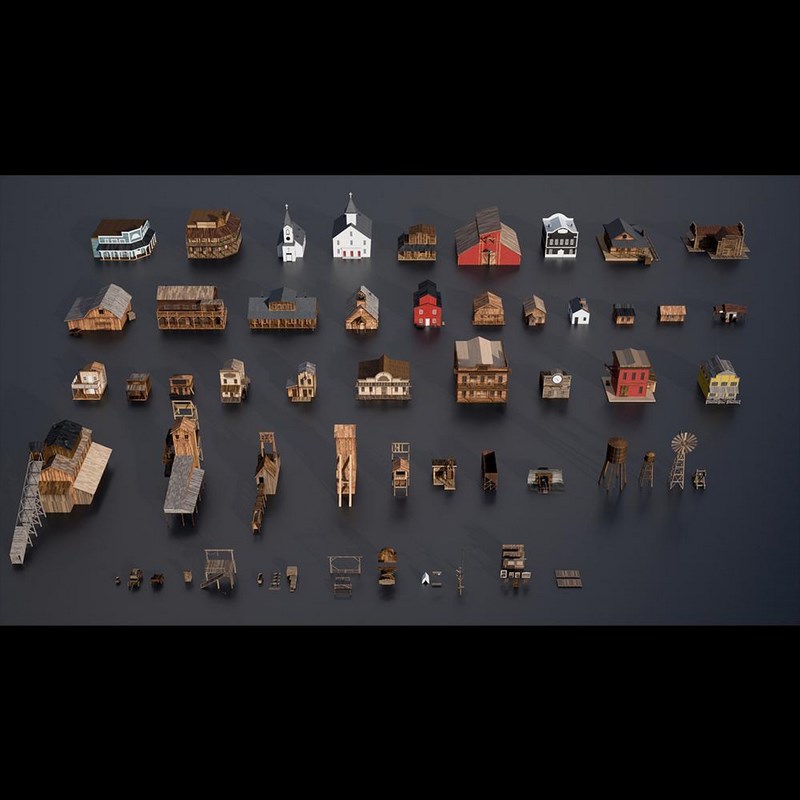 狂野西部风格乡村木屋3D模型Kitbash3D - Wild West
